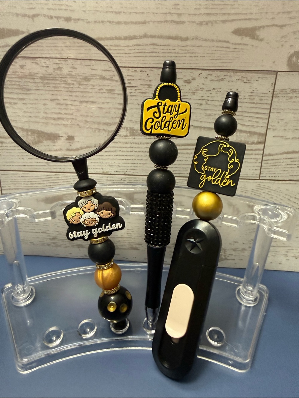 “Stay Golden” Decorative Beaded Magnifier, Box Cutter and Pen Set